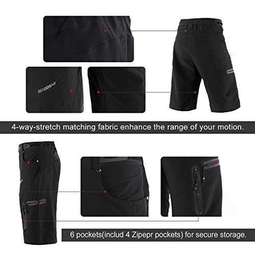 BERGRISAR - Pantalones cortos de ciclismo para hombre, ideales para MTB y bicicletas de montaña, bolsillos con cremallera (1806BG) - negro - Medium