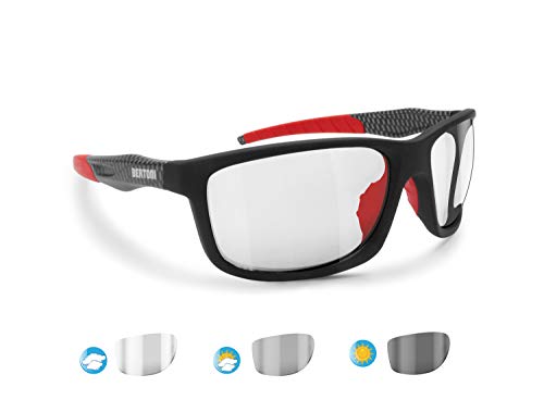 BERTONI Gafas Deportivas Fotocromaticas de Ciclismo Carrera Moto Running Esquí Envolventes a Prueba de Viento - Alien F Italy (Rojo/Carbono)