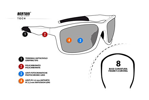 BERTONI Gafas Deportivas Fotocromaticas de Ciclismo Carrera Moto Running Esquí Envolventes a Prueba de Viento - Alien F Italy (Rojo/Carbono)