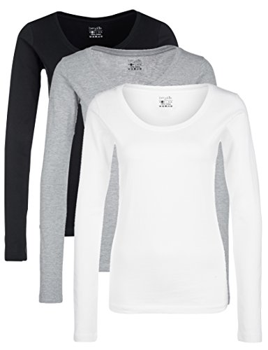 Berydale Camiseta de manga larga con cuello redondo de 100 % algodón, Mujeres, Negro / Blanco / Gris (paquete de 3), S