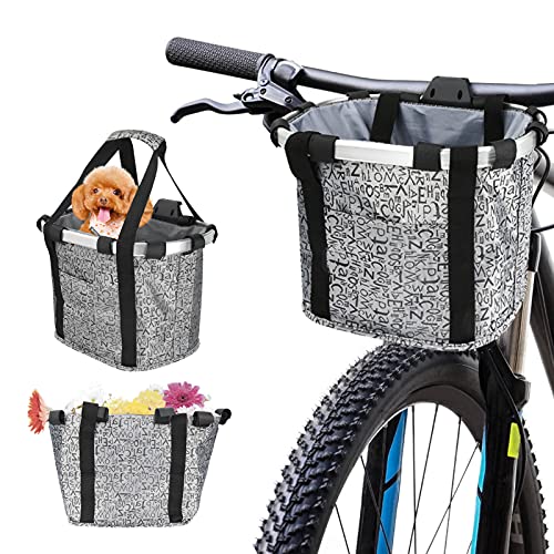 Bestcool Cesta Plegable para Bicicleta, Cesta Delantera Negra para Bicicleta, Bolsas Desmontables para Bicicleta para manillares, Porta Mascotas de aleación de Aluminio con Cierre de cordón(Gris)