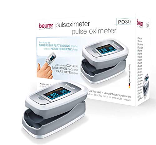Beurer PO 30 Pulsioxímetro, medición de la saturación de oxígeno (SpO2) y de la frecuencia cardíaca (pulso), uso indoloro, pantalla a color de fácil lectura, visualización de la frecuencia cardíaca