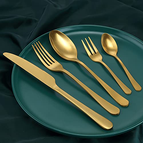 BEWOS Juego de cubiertos para 6 personas, 30 cubiertos de titanio dorado con cuchillo, tenedor, cuchara, cubiertos de acero inoxidable, apto para lavavajillas (oro mate)