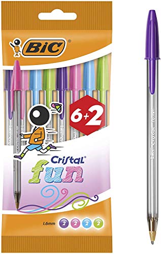 Bic Cristal Bolígrafos de Colores Surtidos, Fun, Punta Ancha (1,6 mm), Material Oficina, Blíster de 8 Bolis