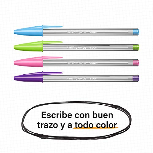 BIC Cristal Fun - Bolígrafos de punta ancha (1.6 mm), Caja de 20 unidades, color morado, rosa, verde lima y turquesa