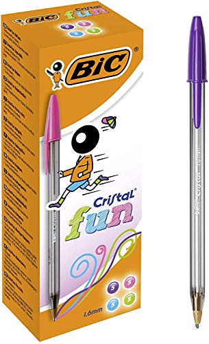 BIC Cristal Fun - Bolígrafos de punta ancha (1.6 mm), Caja de 20 unidades, color morado, rosa, verde lima y turquesa