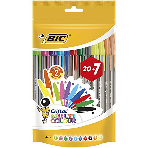 BIC Cristal Multicolour Bolígrafos Punta Ancha (1,6 mm) – Colores Surtidos, Bolsa de 20+7 Unidades, ideal para dibujos y anotaciones