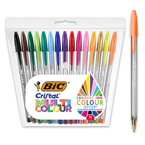 "BIC Cristal Multicolour - Pack de 15 unidades, bolígrafos de punta ancha (1,6 mm), colores surtidos, ideal para dibujos y anotaciones"