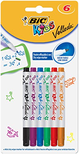 BIC Kids Mini Velleda, Rotuladores Pizarra Blanca de Punta Fina, Óptimo para uso Escolar, Colores Sortidos, Paquete de 6