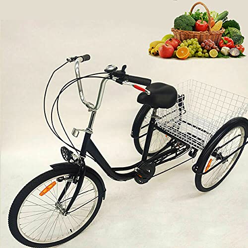 Bicicleta de adulto triciclo con tres ruedas de 24 pulgadas, tres ruedas Cruiser Bike de 6 velocidades, marco de acero al carbono alto con asiento trasero y cesta para los jardines