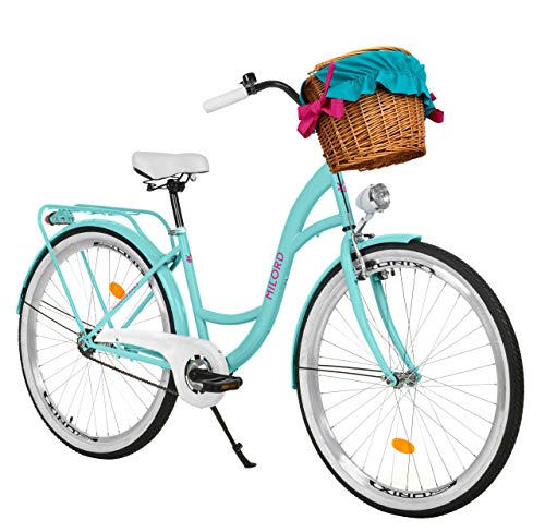 Bicicleta de Confort Color del mar de 3 Velocidad y 26 Pulgadas con Cesta y Soporte Trasero, Bicicleta Holandesa, Bicicleta para Mujer, Bicicleta Urbana, Retro, Vintage