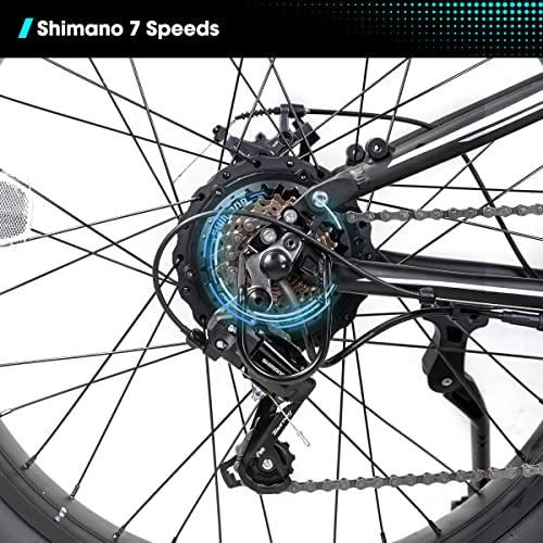 Bicicleta de montaña eléctrica de 26 pulgadas con cambio Shimano de 7 marchas, batería de 10,4 Ah, motor trasero de 250 W y set de iluminación.