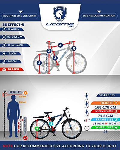 Bicicleta de montaña Licorne Bike Effect de 26 pulgadas, adecuada a partir de 150 cm, cambio de 21 velocidades, suspensión de horquilla, bicicleta para niños y hombre
