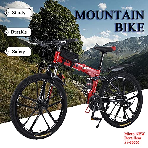 Bicicleta de montaña plegable de 26 pulgadas con doble amortiguación, marco de fibra de carbono con bolsa para bicicleta, frenos de disco, bicicleta de suspensión completa (rojo)