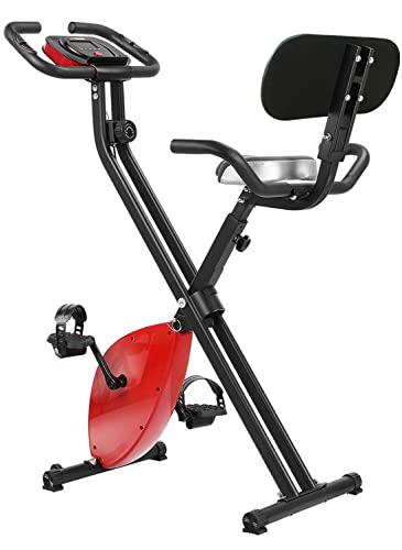 Bicicleta Estática Plegable, Bicicleta de Ejercicio Doméstico, con Pulsómetro, Respaldo, 8 Resistencias, Altura Ajustable, Sensores de Pulso de Mano