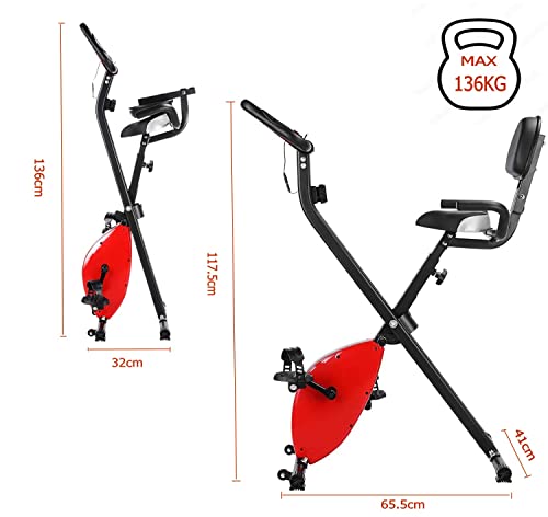 Bicicleta Estática Plegable, Bicicleta de Ejercicio Doméstico, con Pulsómetro, Respaldo, 8 Resistencias, Altura Ajustable, Sensores de Pulso de Mano