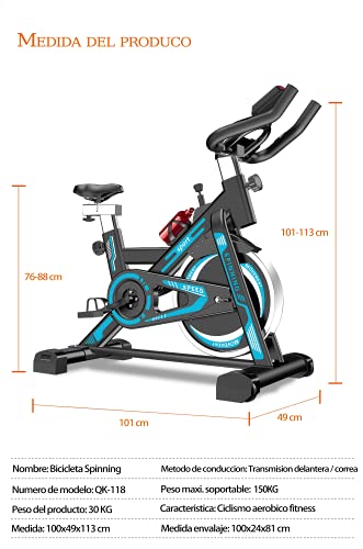 Bicicleta estática Spinning- Bicicletas Spinning para Fitness - Volante Inercia 12 kg,Maximo Peso 120kg,Pantalla LCD con pulsómetro. (AZUL BLUE)