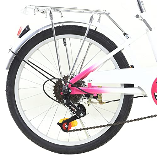 Bicicleta infantil de 20 pulgadas, 6 velocidades, con luz, para niños de 12 a 16 años, color rosa y blanco