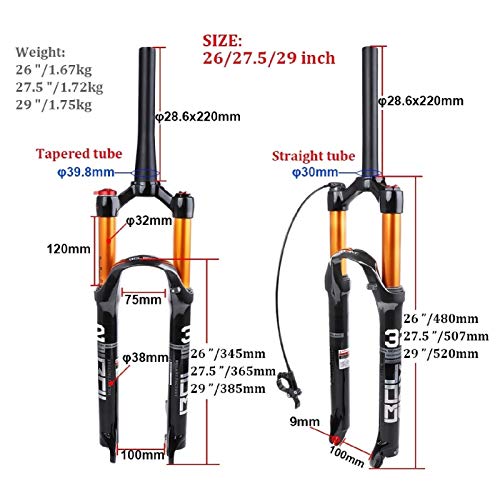 Bicicleta MTB Horquilla Suspensión 26/27,5/29 Pulgadas, Tubo Recto 1-1/8" Amortiguador Montaña Horquillas Aire Viaje 120mm (Color : A, Size : 26 Inches)