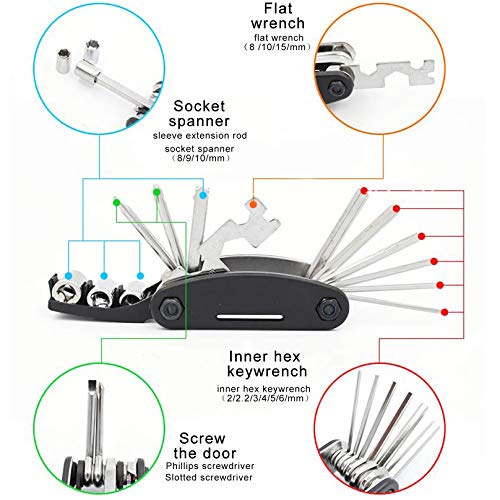 Bicicleta Reparacion Herramientas Portátil Multifunción 16 en 1 Kit de Herramientas para Bicicleta con Kit de Parche y Palancas kit Repara Pinchazos Bicicleta Negro