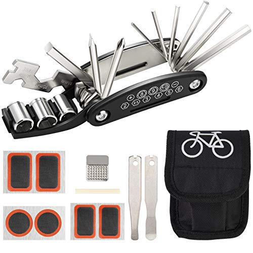 Bicicleta Reparacion Herramientas Portátil Multifunción 16 en 1 Kit de Herramientas para Bicicleta con Kit de Parche y Palancas kit Repara Pinchazos Bicicleta Negro