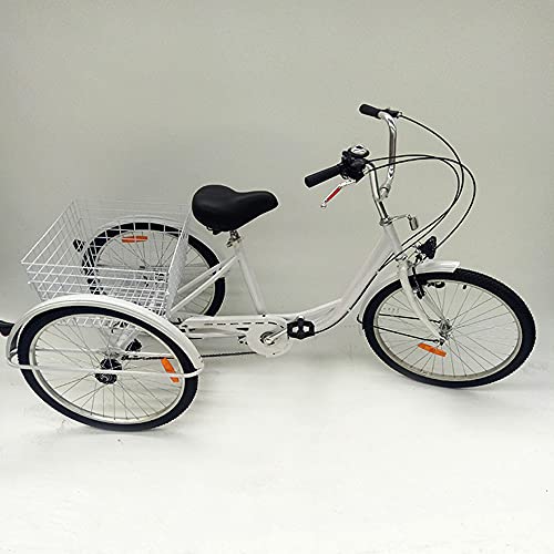 Bicicleta Triciclo Bicicleta de 24 Pulgadas y 6 Velocidades y 3 Ruedas, con Canasta y Lámpara, Ciclismo en Triciclo para Adultos y Personas Mayores, para Viajar, y Hacer Compras (Blanco)