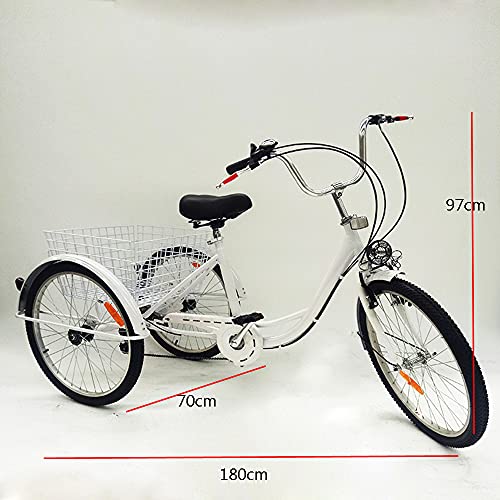 Bicicleta Triciclo Bicicleta de 24 Pulgadas y 6 Velocidades y 3 Ruedas, con Canasta y Lámpara, Ciclismo en Triciclo para Adultos y Personas Mayores, para Viajar, y Hacer Compras (Blanco)