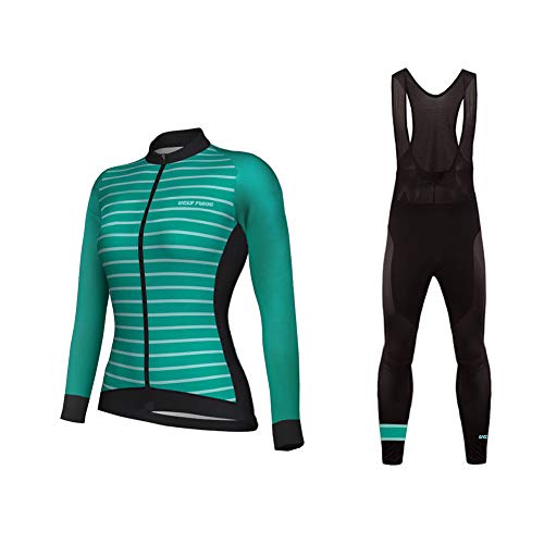 Bike Wear Thermo Fleece Mujer Chaqueta de Ciclismo De Manga Larga+Pantalones de Acolchado 3D para de Invierno Conjunto de Ropa de Ciclismo de Lana Térmica Raya Diseño