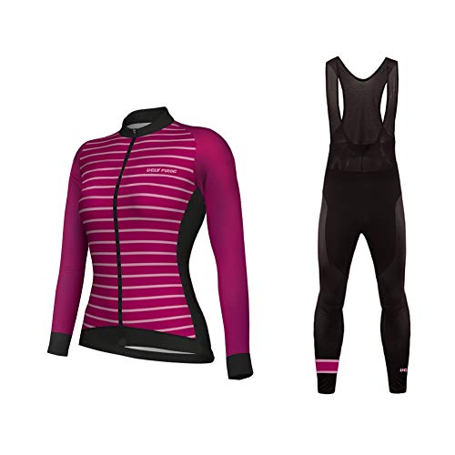 Bike Wear Thermo Fleece Mujer Chaqueta de Ciclismo De Manga Larga+Pantalones de Acolchado 3D para de Invierno Conjunto de Ropa de Ciclismo de Lana Térmica Raya Diseño