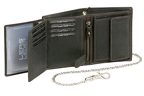 Biker Cartera con la Cadena Cromo para señores Motociclista Monedero para señoras Trucker Vintage-Style con RFID Protección LEAS MCL, Piel auténtica, Negro - ''LEAS Chain-Series''