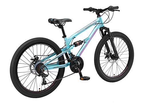 BIKESTAR Bicicleta de montaña de Aluminio Suspensión Doble Bicicleta Juvenil 24 Pulgadas de 9 años | Cambio Shimano de 21 velocidades, Freno de Disco | niños Bicicleta | Azul