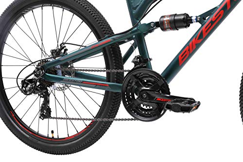 BIKESTAR Bicicleta de montaña de Aluminio Suspensión Doble Completa 26 Pulgadas | Cuadro 16" Cambio Shimano de 21 velocidades, Freno de Disco, Fully MTB | Verde