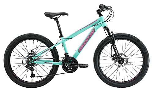 BIKESTAR Bicicleta de montaña Juvenil 24 Pulgadas de 8 años | Bici niños Cambio Shimano de 21 velocidades, Freno de Disco, Horquilla de suspensión | Menta