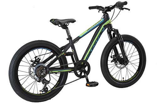 BIKESTAR Bicicleta de montaña Juvenil de Aluminio 20 Pulgadas de 6 a 9 años | Bici niños Cambio Shimano de 7 velocidades, Freno de Disco, Horquilla de suspensión | Negro