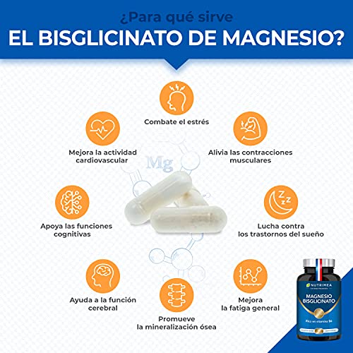 Bisglicinato de Magnesio y Vitamina B6 | Reduce Estrés Fatiga | Vegano Sin Gluten Sin Lactosa | Alta Absorción y Asimilación | Biodisponible| Fabricado en Francia | Cápsulas Vegetales Nutrimea