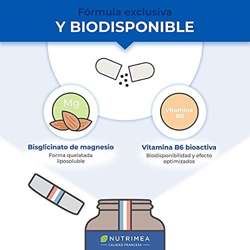 Bisglicinato de Magnesio y Vitamina B6 | Reduce Estrés Fatiga | Vegano Sin Gluten Sin Lactosa | Alta Absorción y Asimilación | Biodisponible| Fabricado en Francia | Cápsulas Vegetales Nutrimea