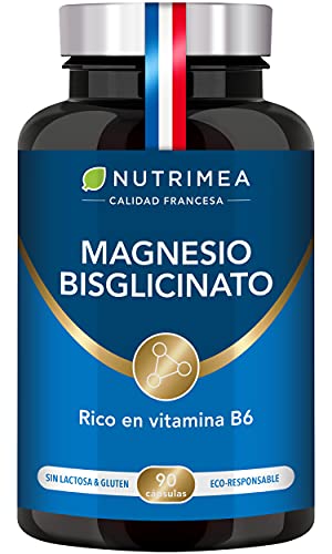 Bisglicinato de Magnesio y Vitamina B6 | Reduce Estrés Fatiga | Vegano Sin Gluten Sin Lactosa | Alta Absorción y Asimilación | Biodisponible| Fabricado en Francia | Cápsulas Vegetales Nutrimea