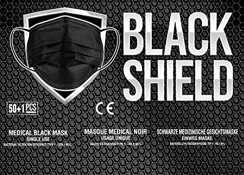 BLACK SHIELD - 51 unidades - Mascarilla Quirúrgica Tipo I Negra - Certificación CE - 3 capas - Filtración BFE > 95%.