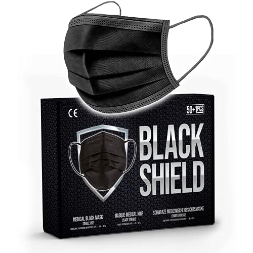 BLACK SHIELD - 51 unidades - Mascarilla Quirúrgica Tipo I Negra - Certificación CE - 3 capas - Filtración BFE > 95%.