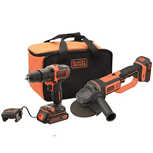 BLACK+DECKER BCK24D2S Taladro Percutor 18V (21.000 ipm) y amoladora 125 mm 18V con 2 baterías litio 2Ah y bolsa de transporte