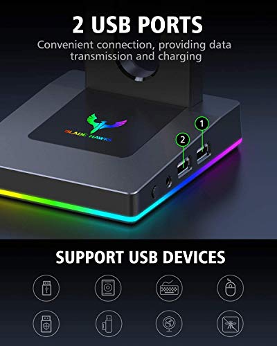 Blade Hawks RGB con AUX de 3,5 mm y 2 Cargador USB Soporte para Auriculares de Escritorio, válido para Auriculares Sony, Audio-Technica, Bose, Beats, Solo se puede usar en la PC