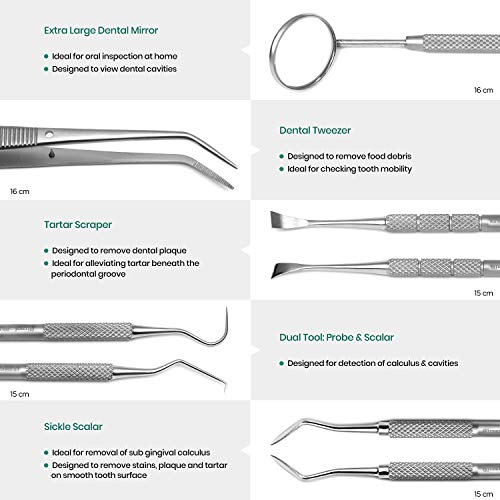 Blizzard - Kit Limpieza Dental 5pzs, Espejo, Pinza Bucal, Raspador de Hoz, Raspador de Sarro y Cincel de Doble Punta - Herramientas de Higiene Bucal de Forjado Alemán para Uso Profesional