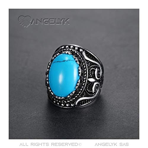 BOBIJOO JEWELRY - Anillo Anillo Anillo de Hombre Mujer de 24 mm de Color Turquesa con Búho 316L de Acero Inoxidable Biker Triker Oval - 22 (10 US), Acero Inoxidable 316