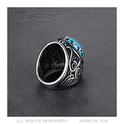 BOBIJOO JEWELRY - Anillo Anillo Anillo de Hombre Mujer de 24 mm de Color Turquesa con Búho 316L de Acero Inoxidable Biker Triker Oval - 22 (10 US), Acero Inoxidable 316