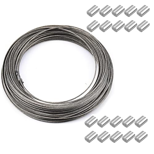 Bobina de Alambre de Acero Inoxidable，Carrete de Alambre marco de la foto con 20 Piezas de Manguito de Aro de Aluminio de Engarce Alambre de Colgar para Colgar Cuadros, Espejos（1,5 mm * 30 m）