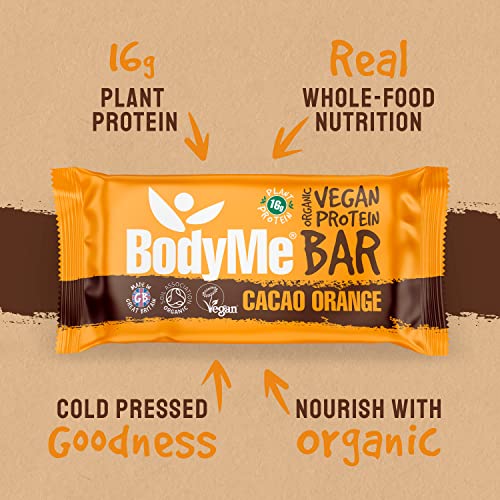 BodyMe Barritas Proteinas Veganas Organica | Crudo Cacao Naranja | 12 x 60g Barra Proteina Vegana | Sin Gluten | 16g Proteína Completa | 3 Proteina Vegetal | Aminoacidos Esenciales | Vegan Protein Bar