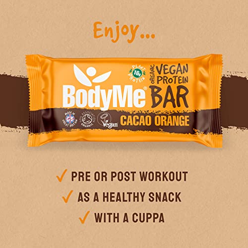 BodyMe Barritas Proteinas Veganas Organica | Crudo Cacao Naranja | 12 x 60g Barra Proteina Vegana | Sin Gluten | 16g Proteína Completa | 3 Proteina Vegetal | Aminoacidos Esenciales | Vegan Protein Bar