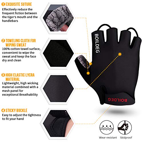 boildeg Guantes de Ciclismo de Bicicleta Guantes de Bicicleta de Carretera de Medio-Dedo para Hombres Mujeres Acolchado Antideslizante Transpirable (Negro, S)