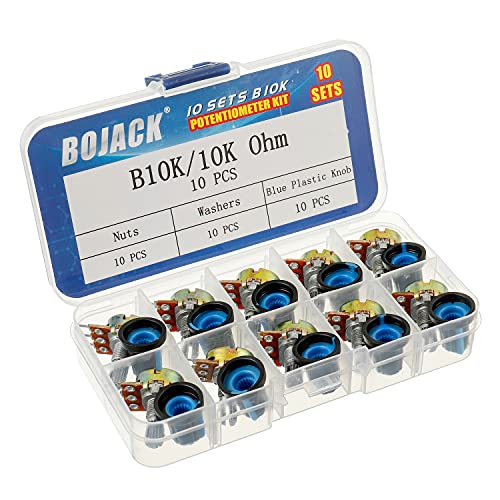 BOJACK 10 juegos B10K 3 terminales Potenciómetros rotativo cónico lineal (WH148) 10K Ohm Resistencia variables de película de carbono con kit de perillas de plástico azul