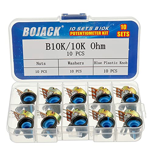 BOJACK 10 juegos B10K 3 terminales Potenciómetros rotativo cónico lineal (WH148) 10K Ohm Resistencia variables de película de carbono con kit de perillas de plástico azul
